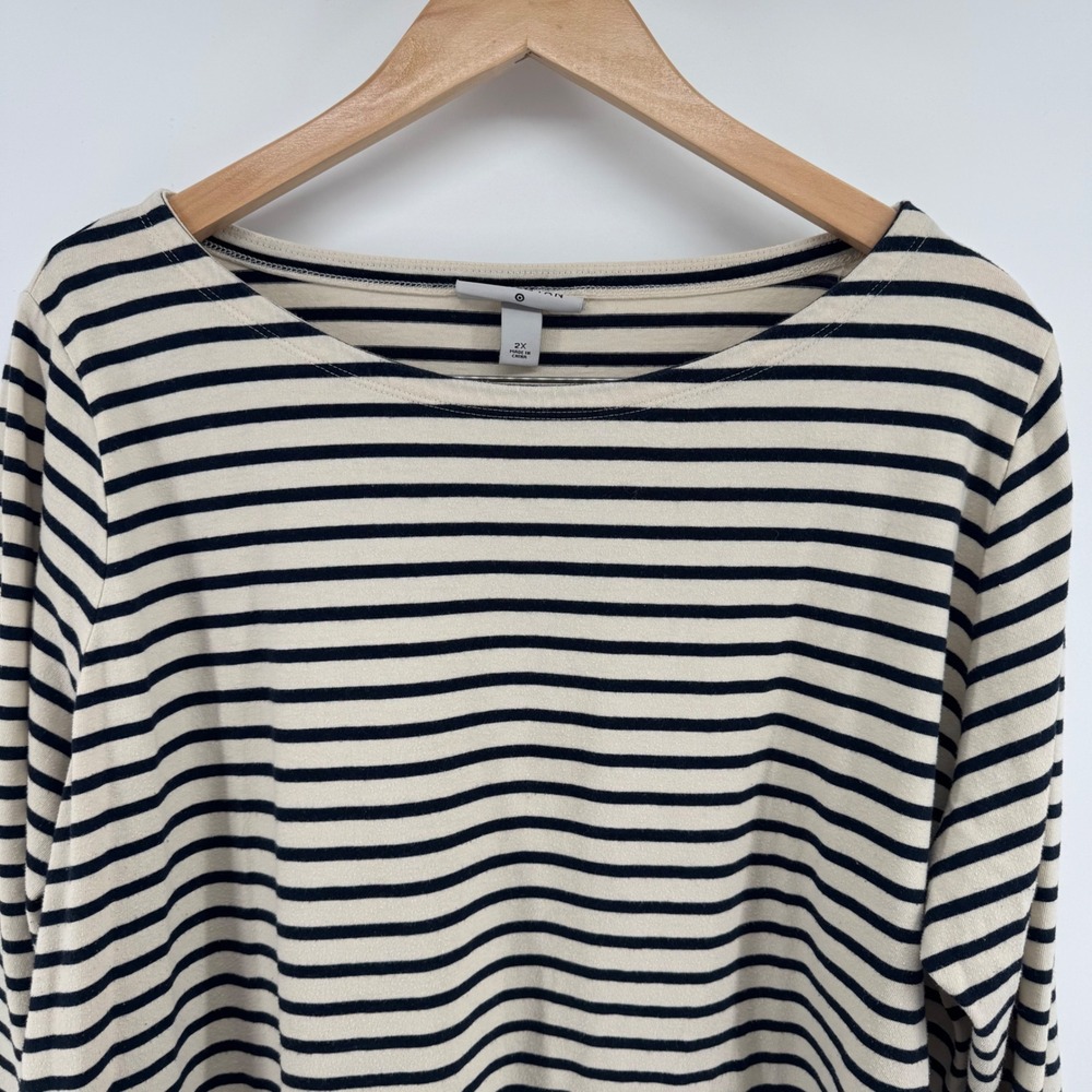 Nili Lotan Boat Neck Striped Top 2X Navy Cream Nautical Coastal Breton Preppy - Picture 9 of 10